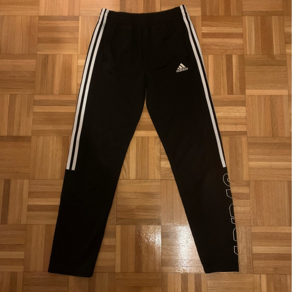Adidas Boys L Black Track Pants with White Stripes and Logo